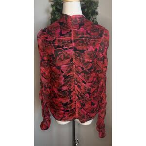 Bagatelle Collection Ruched Mesh Mock Neck Floral Top sz L